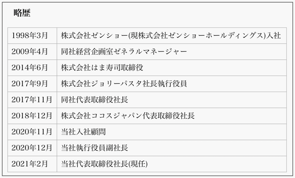 かっぱ寿司社長の経歴一覧
